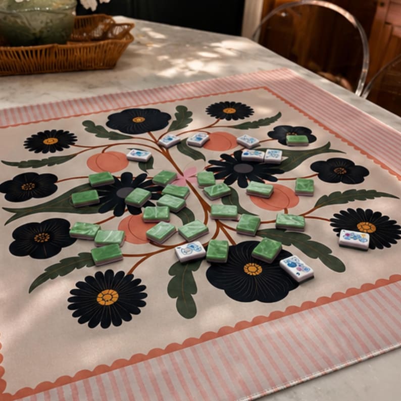 Floral Mahjong Mat, Pink Striped Mahjong Table Mat, Vintage Flower Game Mat
