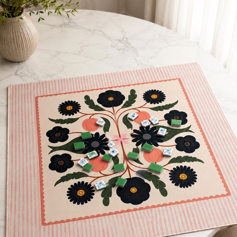 Floral Mahjong Mat, Pink Striped Mahjong Table Mat, Vintage Flower Game Mat