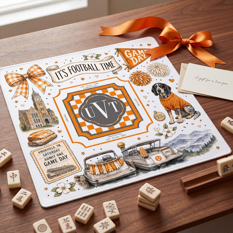 Custom Monogram Orange White Checkerboard Football Mahjong Mat, Game Day Tailgate Table Cover, Alumni Gift