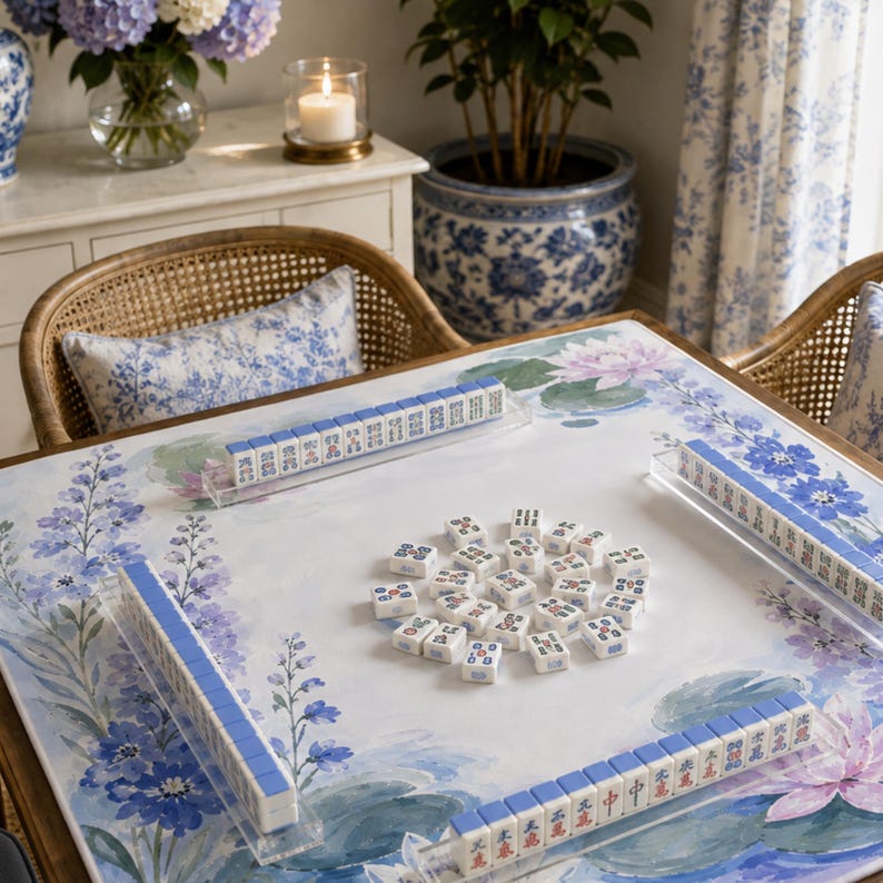 Larkspur Water Lily Mahjong Mat, American Mahjong Mat, July Birth Flower Garden, Blue Floral Mahjong Gift