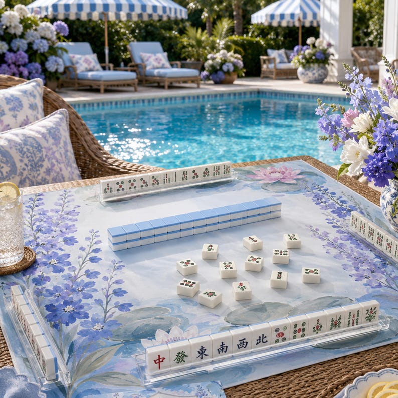 Larkspur Water Lily Mahjong Mat, American Mahjong Mat, July Birth Flower Garden, Blue Floral Mahjong Gift