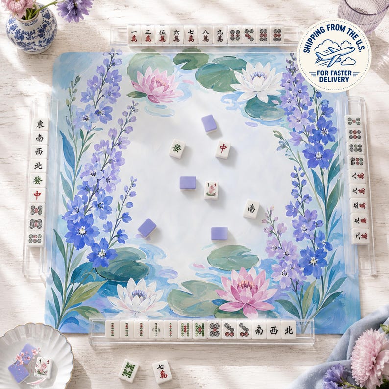 Larkspur Water Lily Mahjong Mat, American Mahjong Mat, July Birth Flower Garden, Blue Floral Mahjong Gift