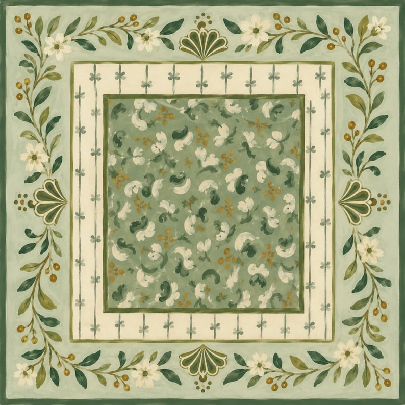 Sage Green Folk Floral Mahjong Mat, American Mahjong Mat, Vintage Botanical Garden, Grandmillennial Mahjong Gift