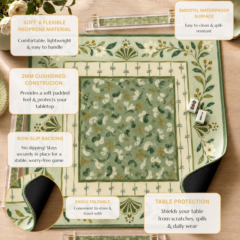 Sage Green Folk Floral Mahjong Mat, American Mahjong Mat, Vintage Botanical Garden, Grandmillennial Mahjong Gift