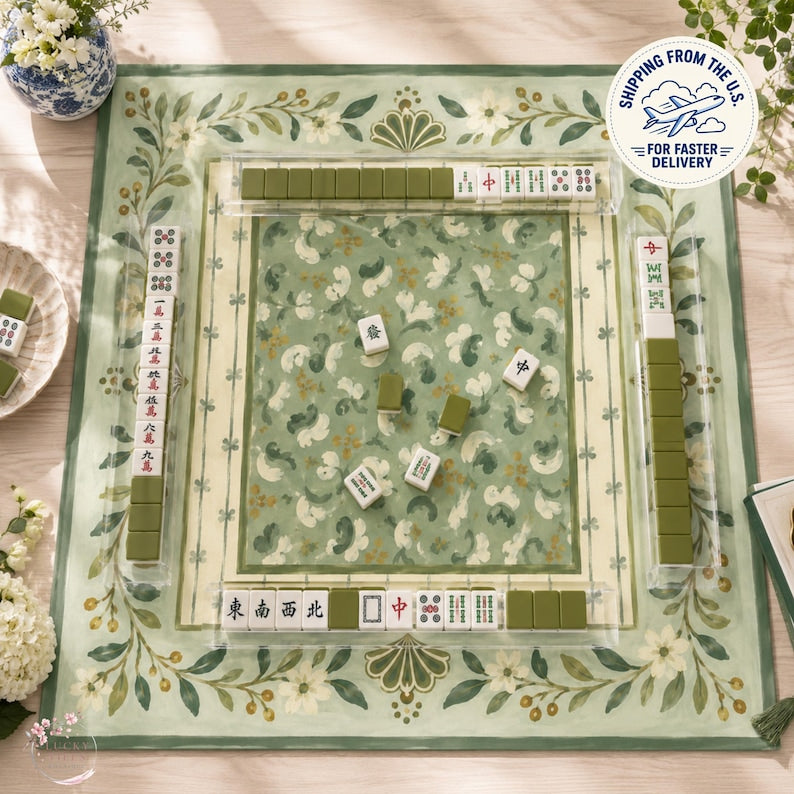 Sage Green Folk Floral Mahjong Mat, American Mahjong Mat, Vintage Botanical Garden, Grandmillennial Mahjong Gift
