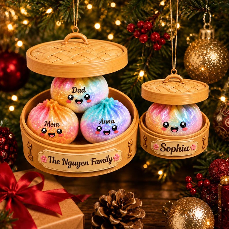 Personalized Glitter Dumpling Ornament, Squishy Dumpling Custom Name Gift, Kids Christmas Gift, Cute Food Keepsake