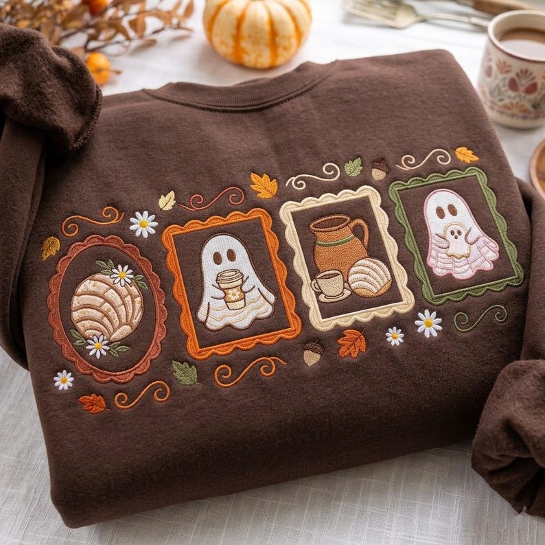 Embroidered Ghost Conchas Sweatshirt, Pantasmas Ghost Pan Dulce Crewneck, Spanish Halloween, Spooky Latina Pullover