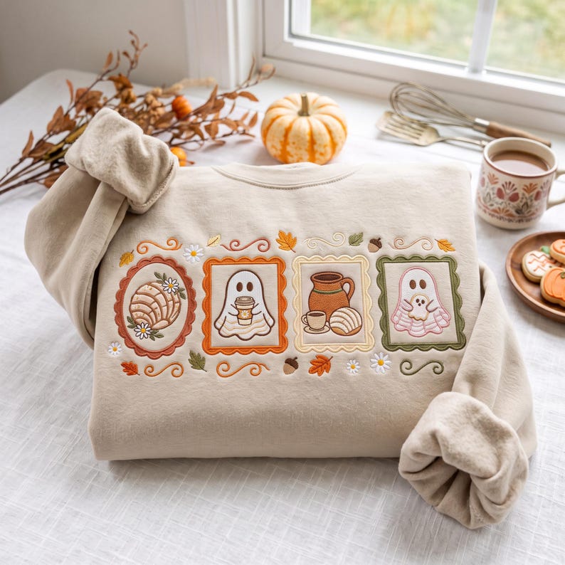 Embroidered Ghost Conchas Sweatshirt, Pantasmas Ghost Pan Dulce Crewneck, Spanish Halloween, Spooky Latina Pullover