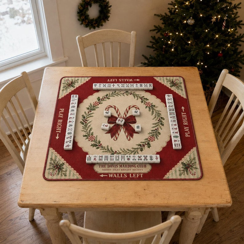 Personalized Christmas Mahjong Mat Custom Club Name Table Cover, Vintage Christmas Tree American Mahjong Playmat