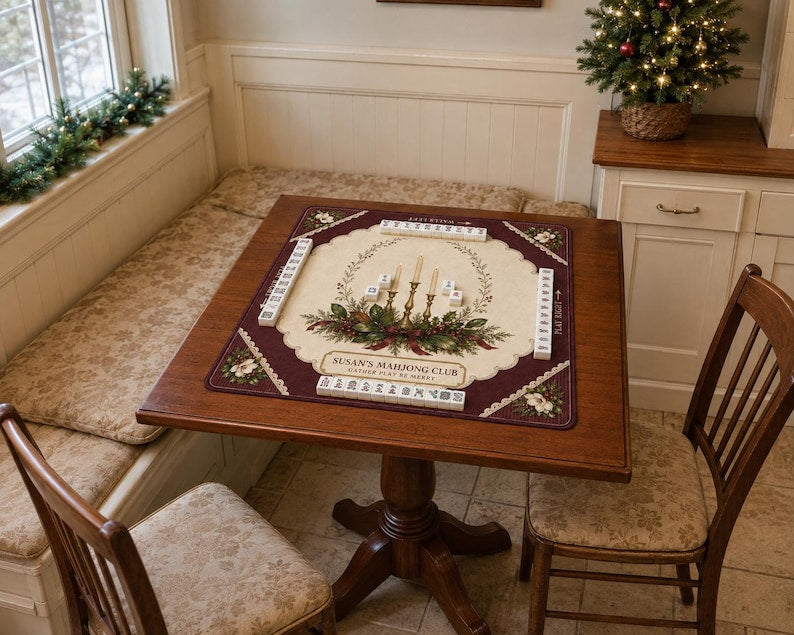 Personalized Christmas Mahjong Mat Custom Club Name Table Cover, Vintage Christmas Tree American Mahjong Playmat