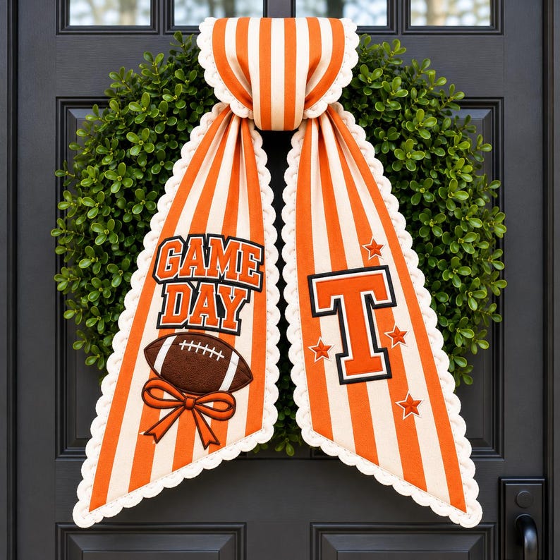 Custom Embroidery Game Day Wreath Sash, Personalized Football Monogram Bow, Football Front Door Decor
