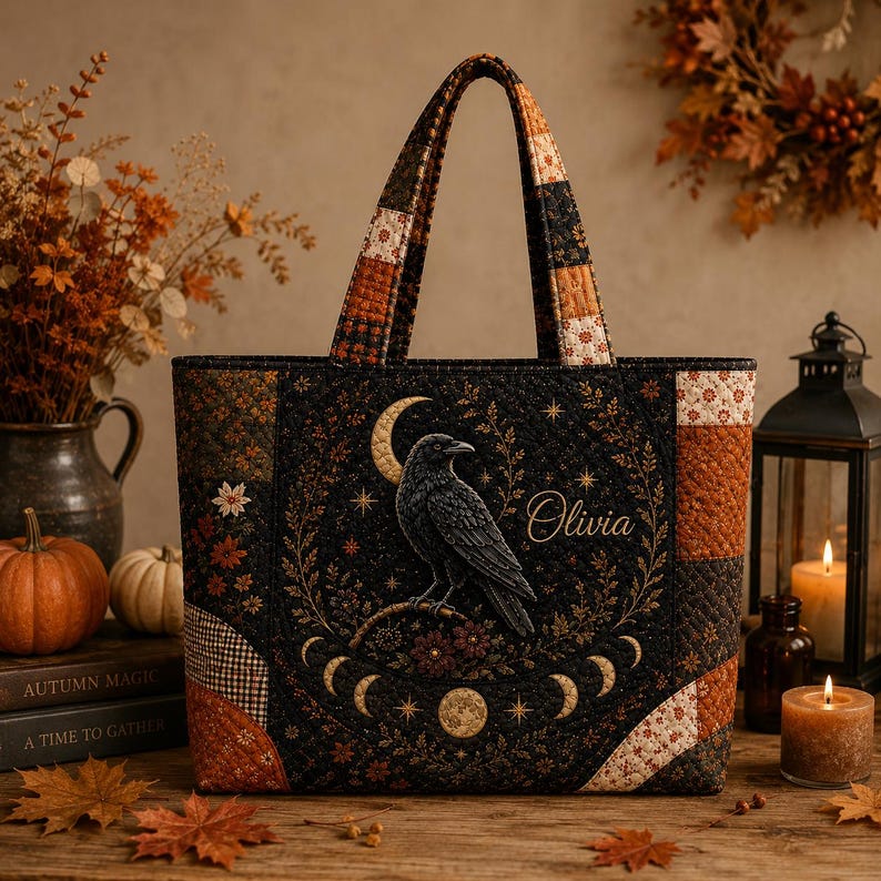 Custom Witch Hat Halloween Quilted Tote Bag, Gothic Raven Moon Phase Tote, Celestial Witchcore Bag
