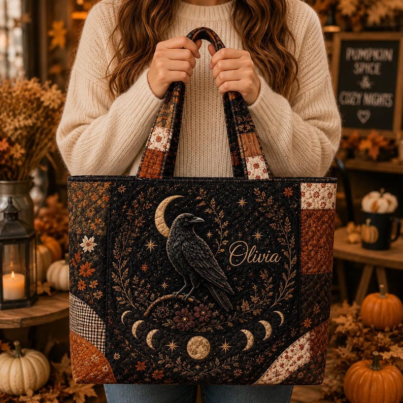 Custom Witch Hat Halloween Quilted Tote Bag, Gothic Raven Moon Phase Tote, Celestial Witchcore Bag