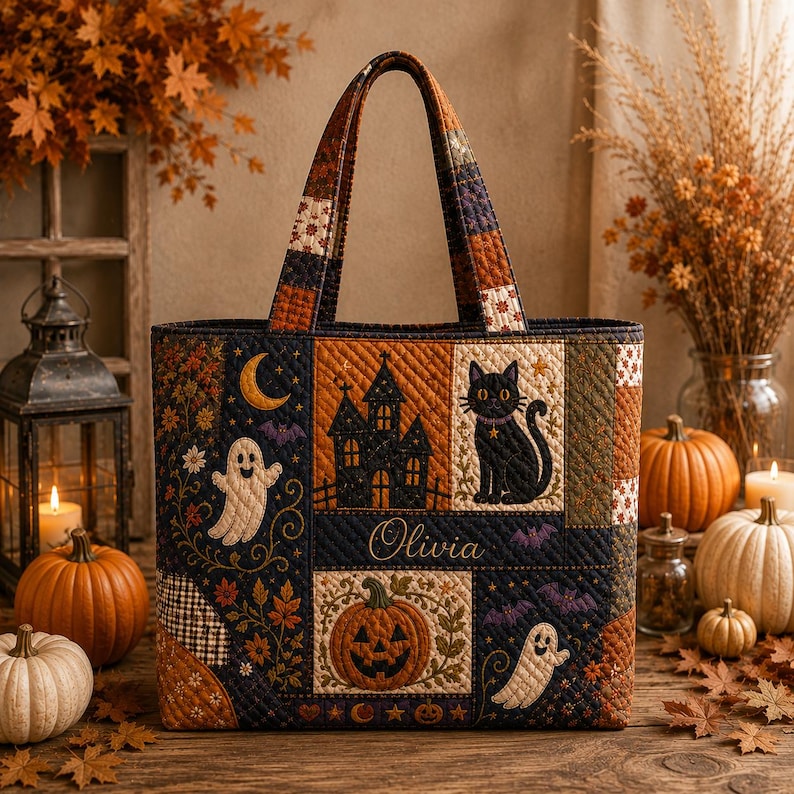 Personalized Vintage Halloween Quilted Tote Bag, Black Cat Ghost Pumpkin Patchwork Bag, Haunted House Spooky Fall Tote