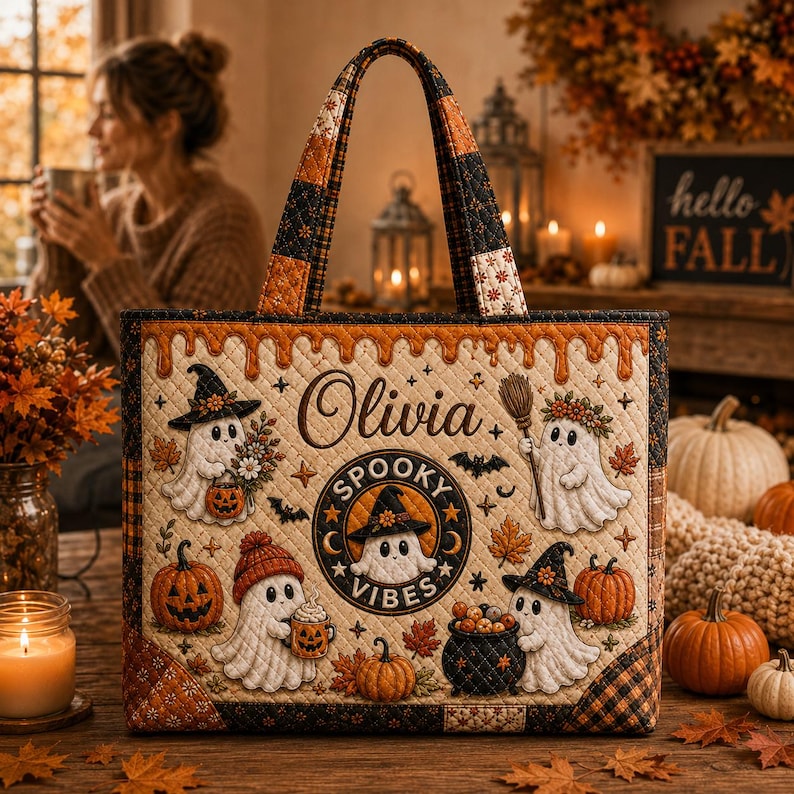 Personalized Ghost Halloween Quilted Tote Bag, Custom Name Spooky Pumpkin Tote, Cute Fall Shoulder Bag