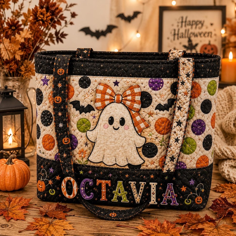 Personalized Halloween Quilted Tote Bag, Custom Name Trick or Treat Bag, Pumpkin Patch Candy Tote, Spooky Halloween Bag