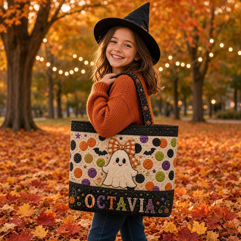 Personalized Halloween Quilted Tote Bag, Custom Name Trick or Treat Bag, Pumpkin Patch Candy Tote, Spooky Halloween Bag