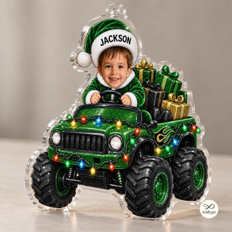 Personalized Monster Truck Ornament, Custom Photo Kid Name Christmas Ornament, Custom Face Monster Truck Ornament