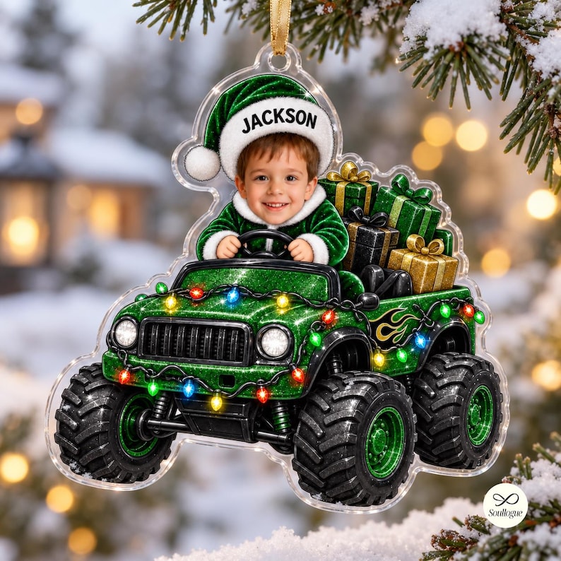 Personalized Monster Truck Ornament, Custom Photo Kid Name Christmas Ornament, Custom Face Monster Truck Ornament