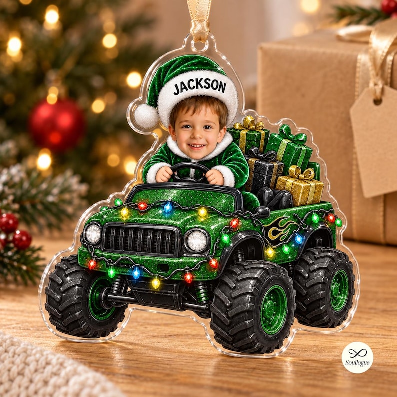 Personalized Monster Truck Ornament, Custom Photo Kid Name Christmas Ornament, Custom Face Monster Truck Ornament