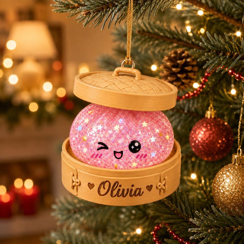 Personalized Glitter Dumpling Ornament, Custom Name Squishy Dumpling Christmas Ornament, Dumpling Lover Gift