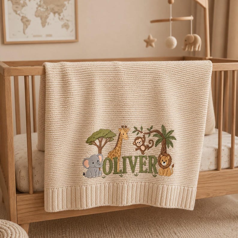 Personalized Embroidered Lion Baby Blanket Name, Custom Name Knit Giraffe Safari Newborn Gift