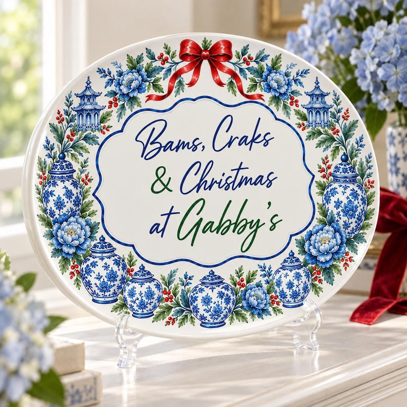 Christmas Mahjong Platter, Personalized Chinoiserie Mahjong Hostess Gift, Bams Craks & Christmas Serving Tray, Holiday Mahjong Party Decor