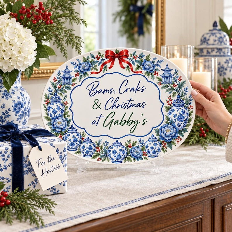 Christmas Mahjong Platter, Personalized Chinoiserie Mahjong Hostess Gift, Bams Craks & Christmas Serving Tray, Holiday Mahjong Party Decor