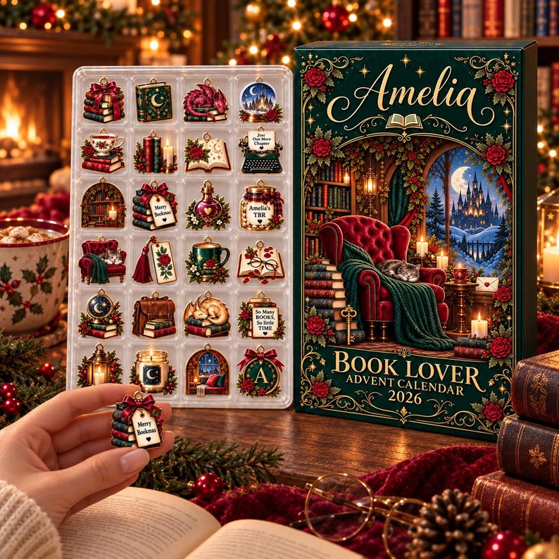 Personalized Book Lover Advent Calendar, Christmas Ornament Set, 24 Days Reading Countdown