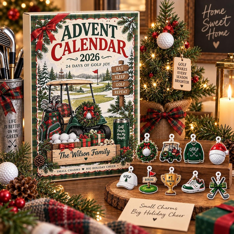 Personalized Golf Advent Calendar 2026, Custom Family Countdown Box, 24 Acrylic Charms Set