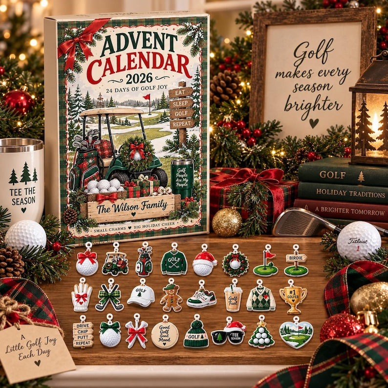 Personalized Golf Advent Calendar 2026, Custom Family Countdown Box, 24 Acrylic Charms Set