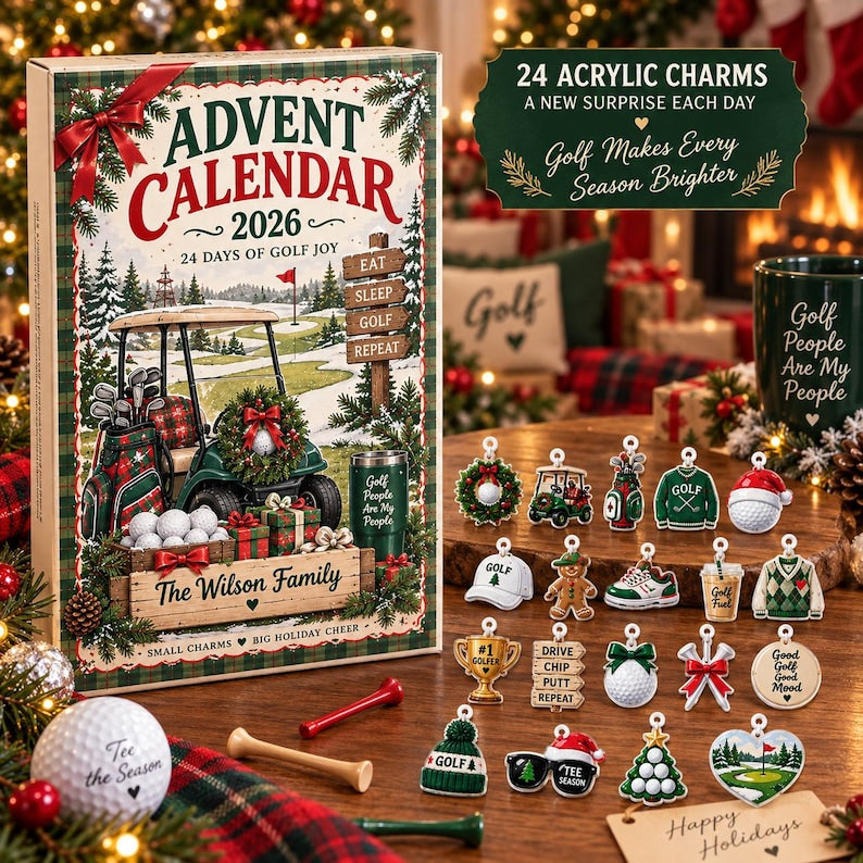 Personalized Golf Advent Calendar 2026, Custom Family Countdown Box, 24 Acrylic Charms Set
