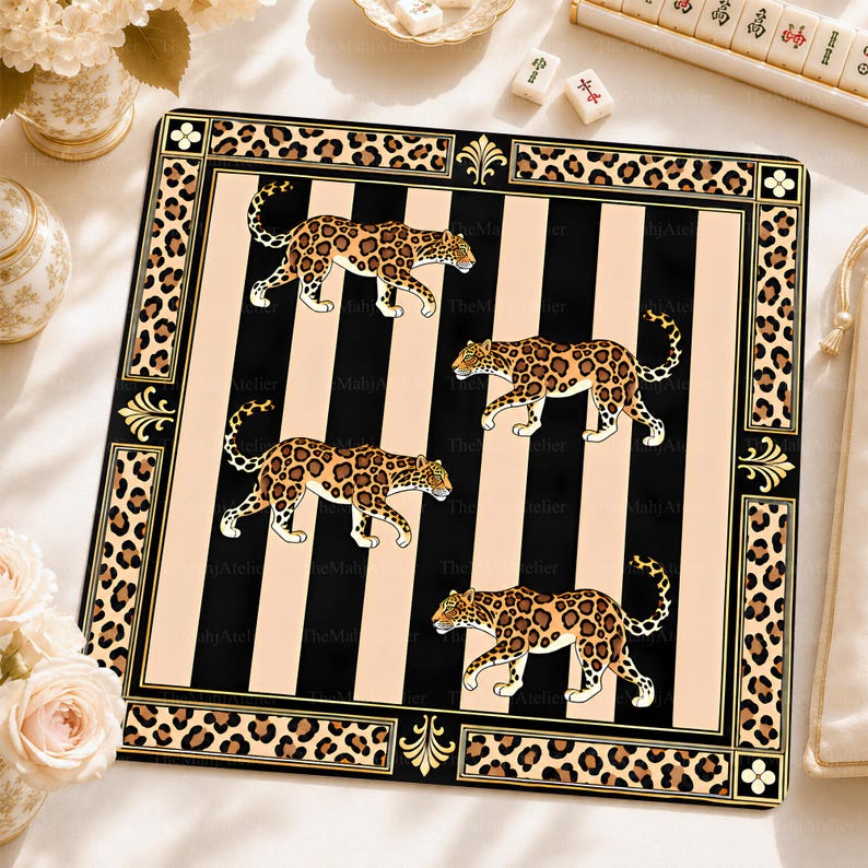 Leopard Glam Mahjong Mat, Luxury Animal Print Mat for American Mah Jongg, Elegant Game Table Cover