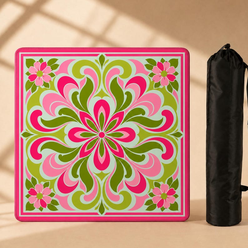 The Day Dreamer Retro Mahjong Mat, Pink Green Groovy Floral Playmat, Non Slip American Mahjong Table Cover