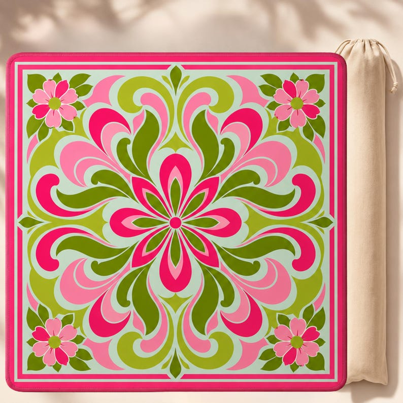 The Day Dreamer Retro Mahjong Mat, Pink Green Groovy Floral Playmat, Non Slip American Mahjong Table Cover