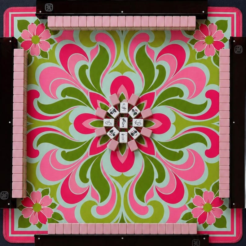 The Day Dreamer Retro Mahjong Mat, Pink Green Groovy Floral Playmat, Non Slip American Mahjong Table Cover