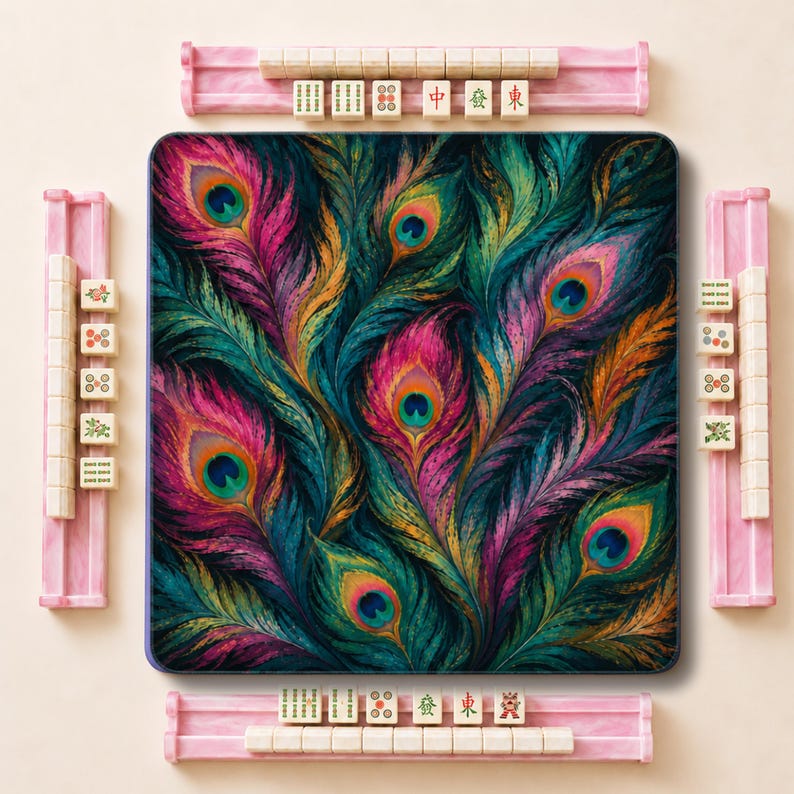The Fête Mahjong Mat, Beautiful Peacock Feather Mahjong Mat, Boho Game Night Gift