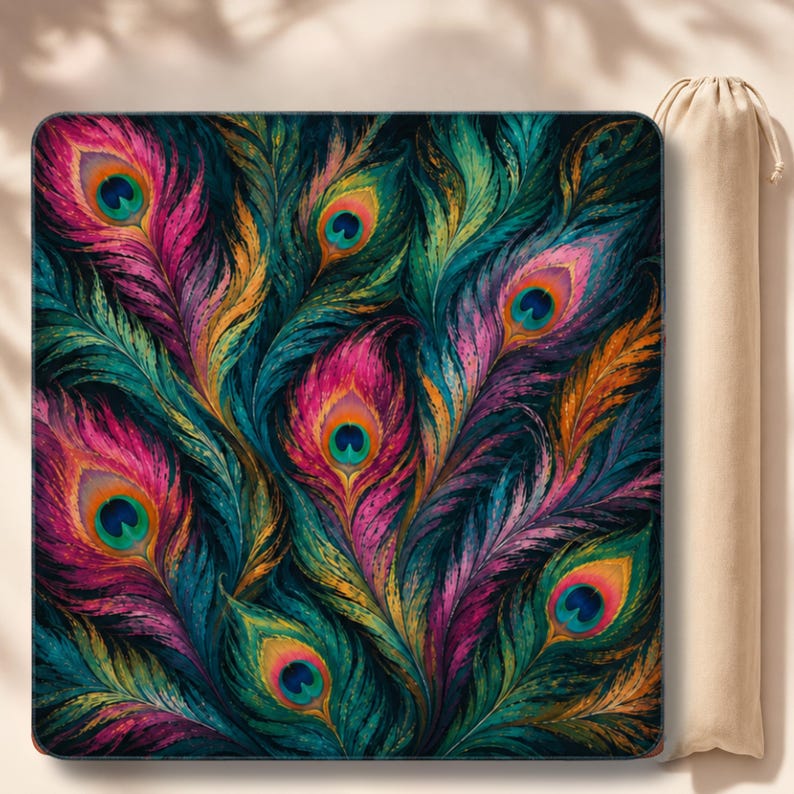 The Fête Mahjong Mat, Beautiful Peacock Feather Mahjong Mat, Boho Game Night Gift