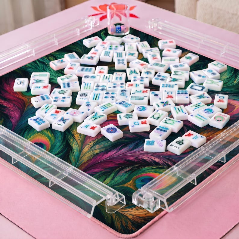The Fête Mahjong Mat, Beautiful Peacock Feather Mahjong Mat, Boho Game Night Gift