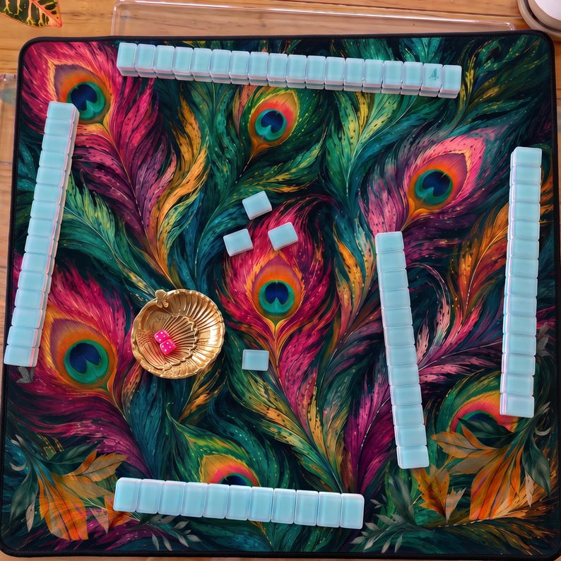 The Fête Mahjong Mat, Beautiful Peacock Feather Mahjong Mat, Boho Game Night Gift
