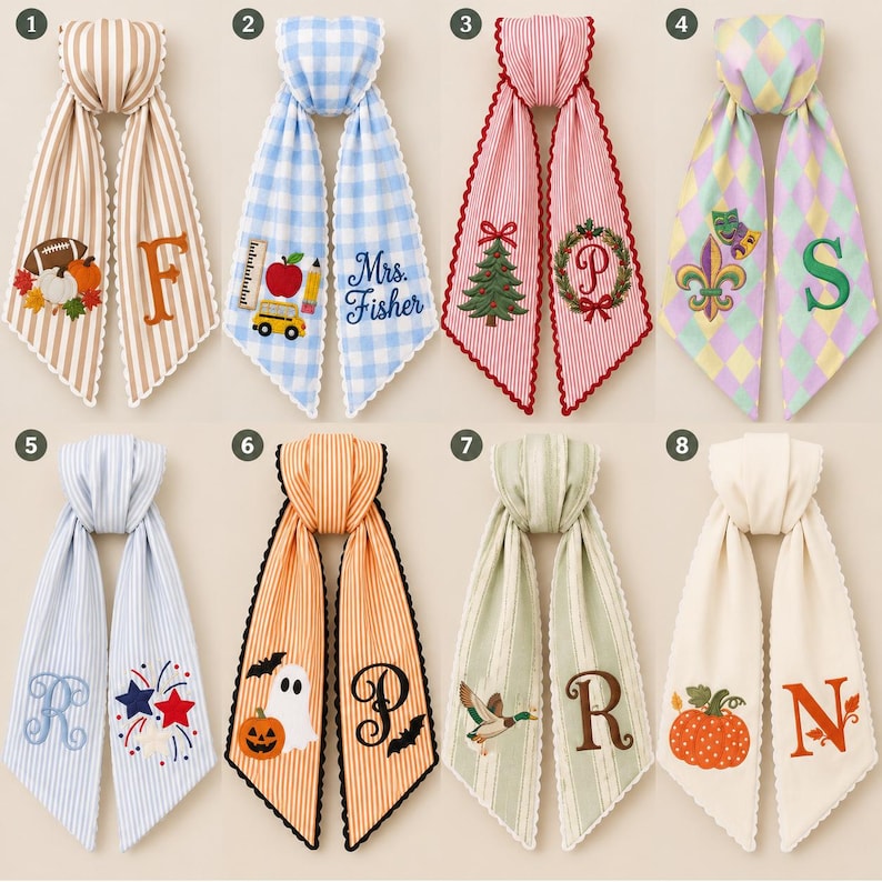 Custom Monogram Wreath Sash, Personalized Embroidered Door Bow, All Season Holiday Front Door Decor