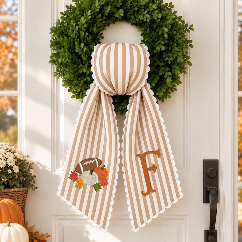 Custom Monogram Wreath Sash, Personalized Embroidered Door Bow, All Season Holiday Front Door Decor