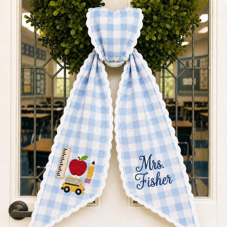 Custom Monogram Wreath Sash, Personalized Embroidered Door Bow, All Season Holiday Front Door Decor