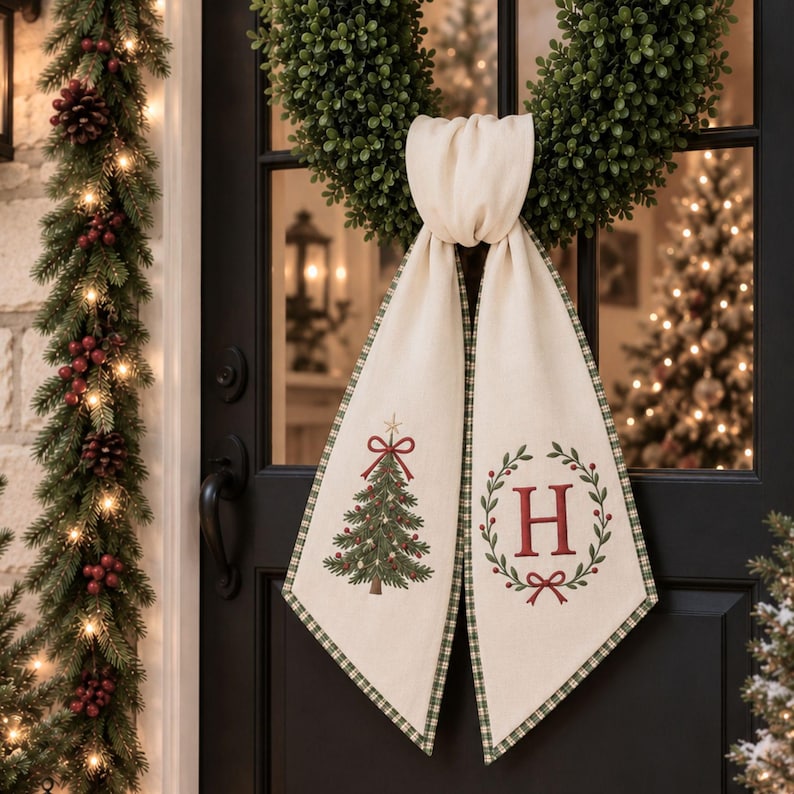 Embroidered Christmas Tree with Custom Monogram Wreath Sash, Personalized Winter Xmas Wreath Sash