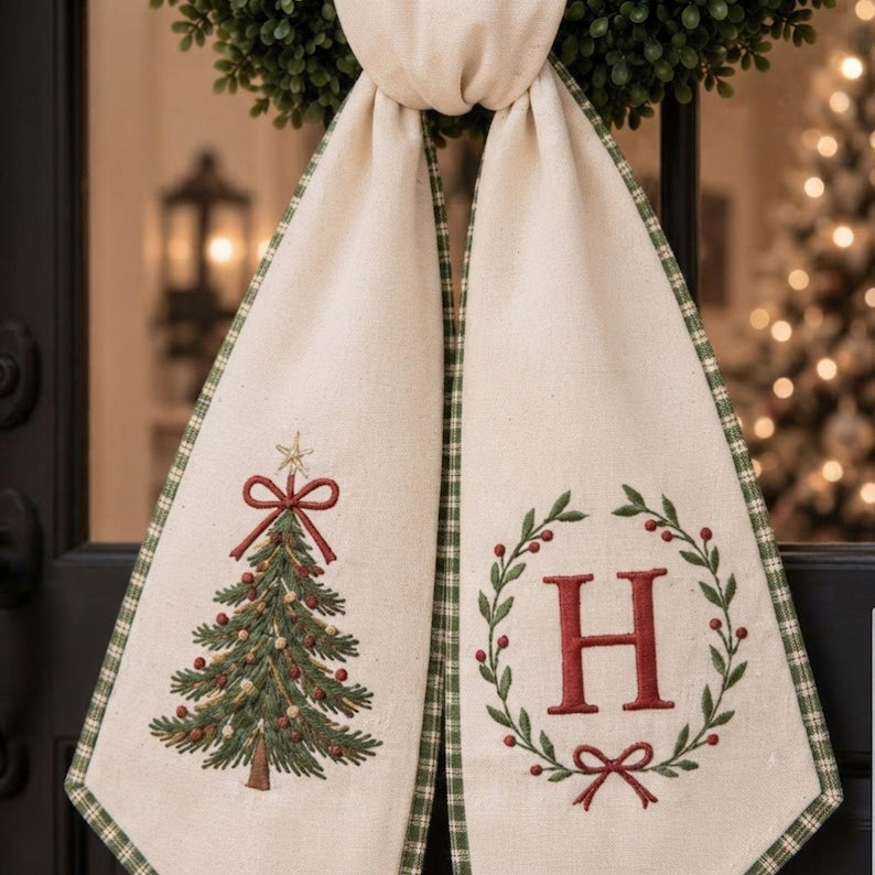 Embroidered Christmas Tree with Custom Monogram Wreath Sash, Personalized Winter Xmas Wreath Sash