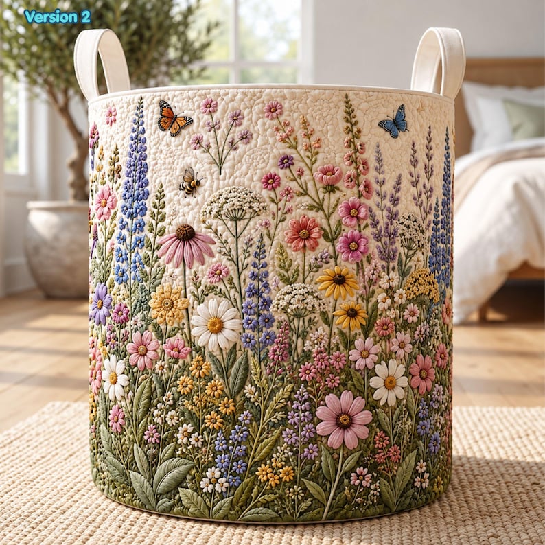Wildflower Quilted Laundry Basket, Blossom Floral Clothes Hamper, Gift For Mom