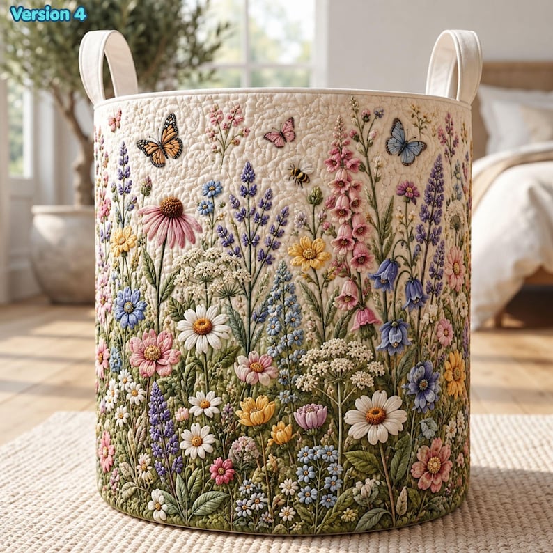 Wildflower Quilted Laundry Basket, Blossom Floral Clothes Hamper, Gift For Mom