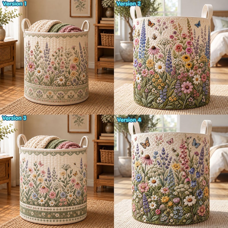 Wildflower Quilted Laundry Basket, Blossom Floral Clothes Hamper, Gift For Mom