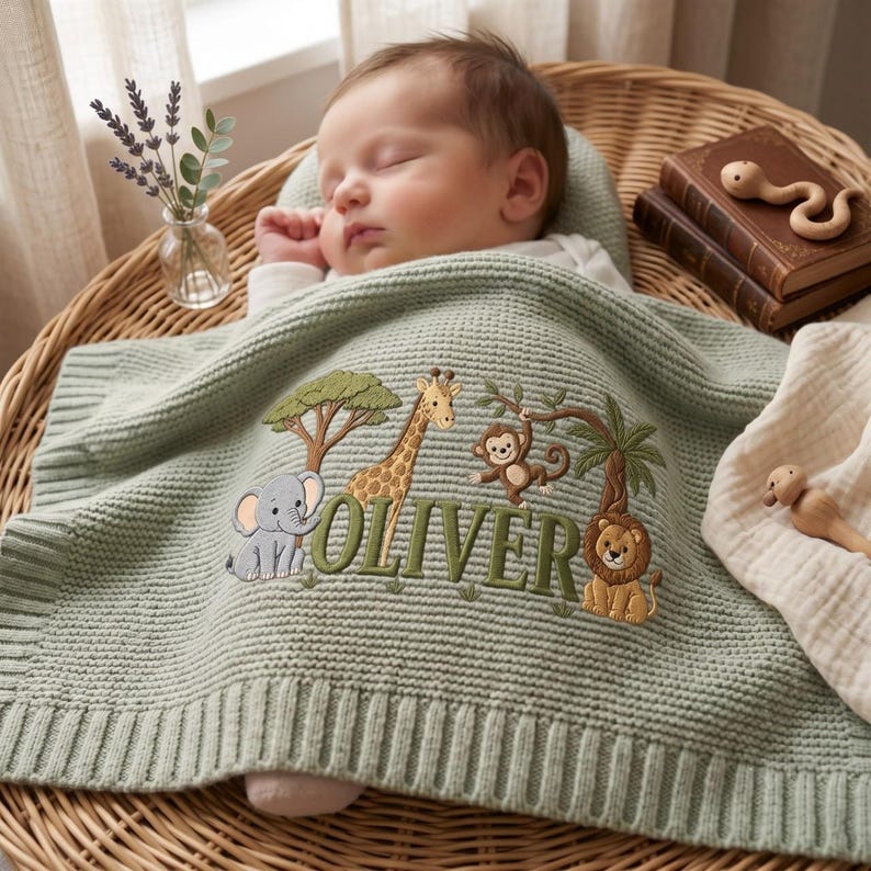 Personalized Embroidered Lion Baby Blanket Name, Custom Name Knit Giraffe Safari Newborn Gift