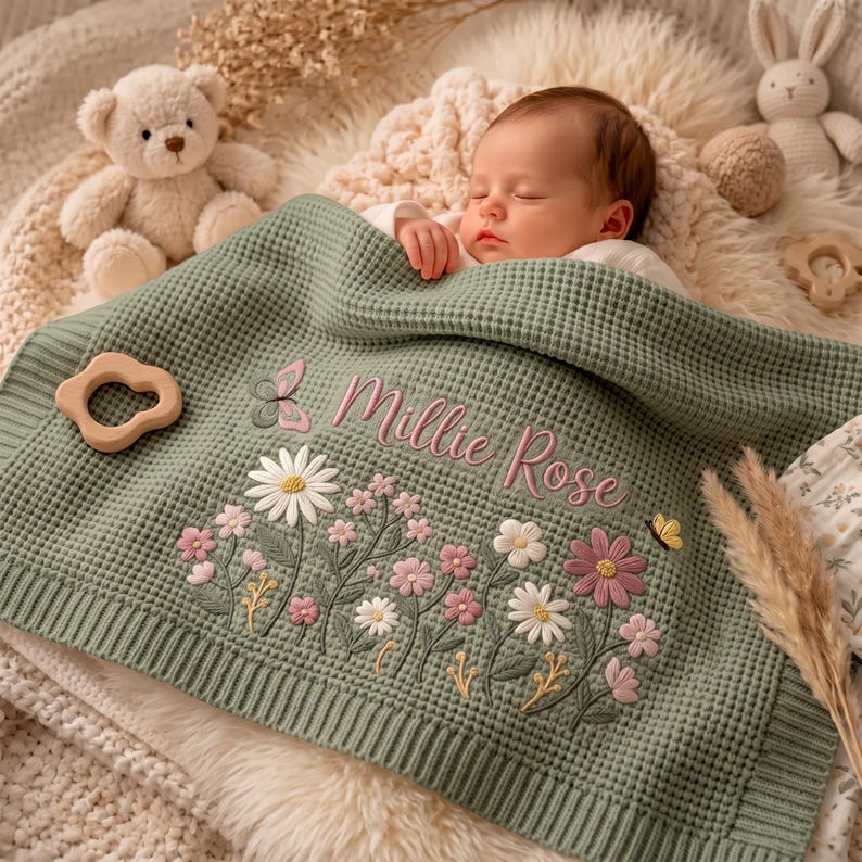 Personalized Floral Embroidered Baby Blanket, Custom Name Throw, Welcome Baby Blanket, Nursery Keepsake